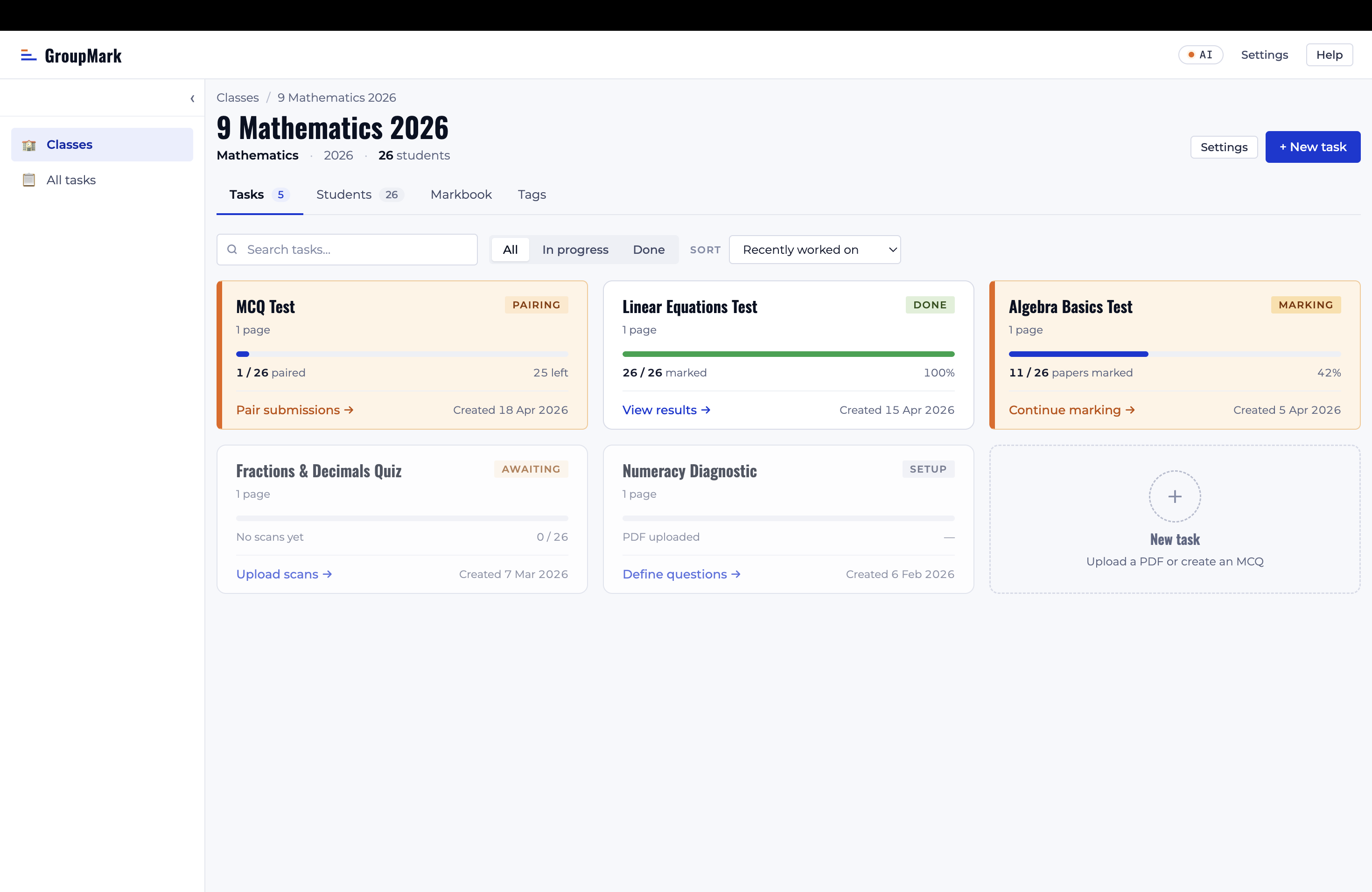 See tasks for each class at a glance.